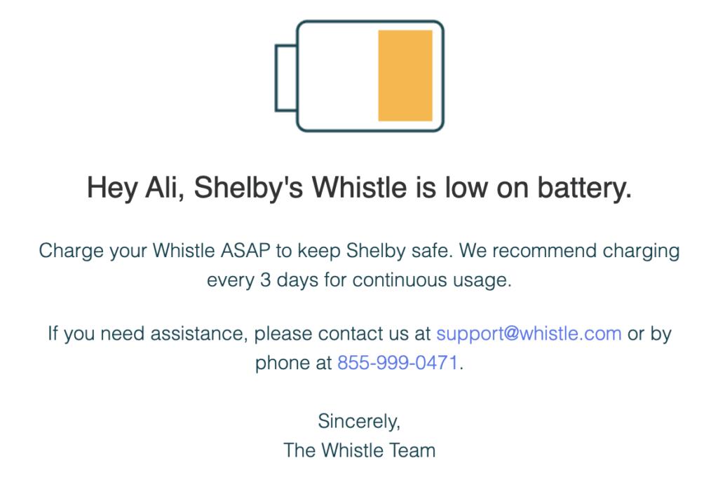 screen grab of whistle's low battery email for the whistle switch user