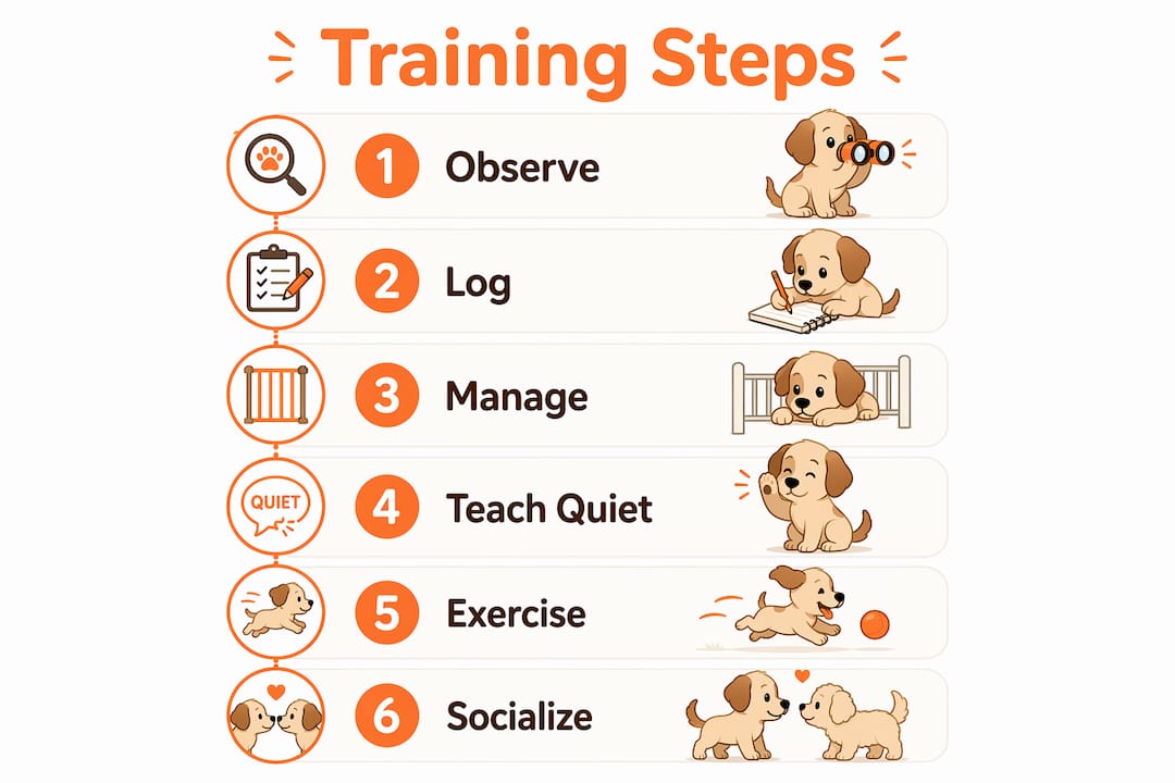 Infographic showing puppy barking training steps