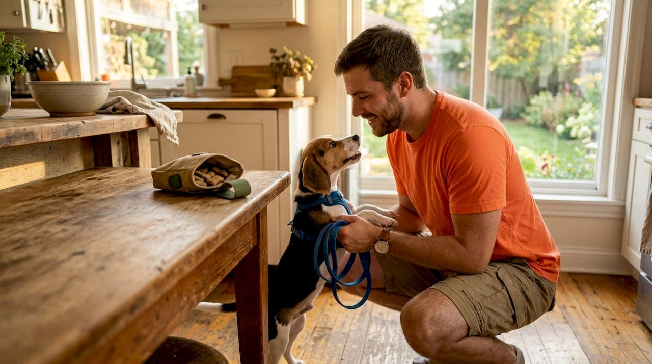 Owner using treat pouch by door with puppy
