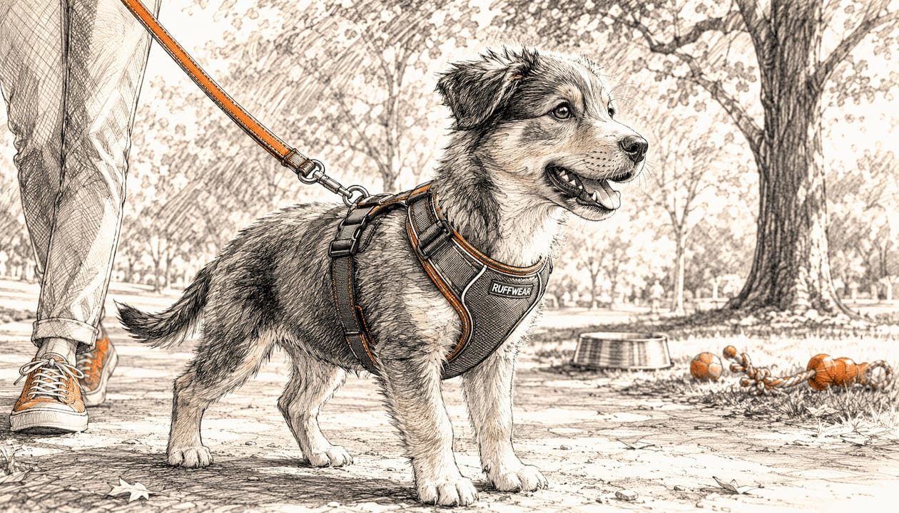 Puppy wearing Ruffwear harness outside