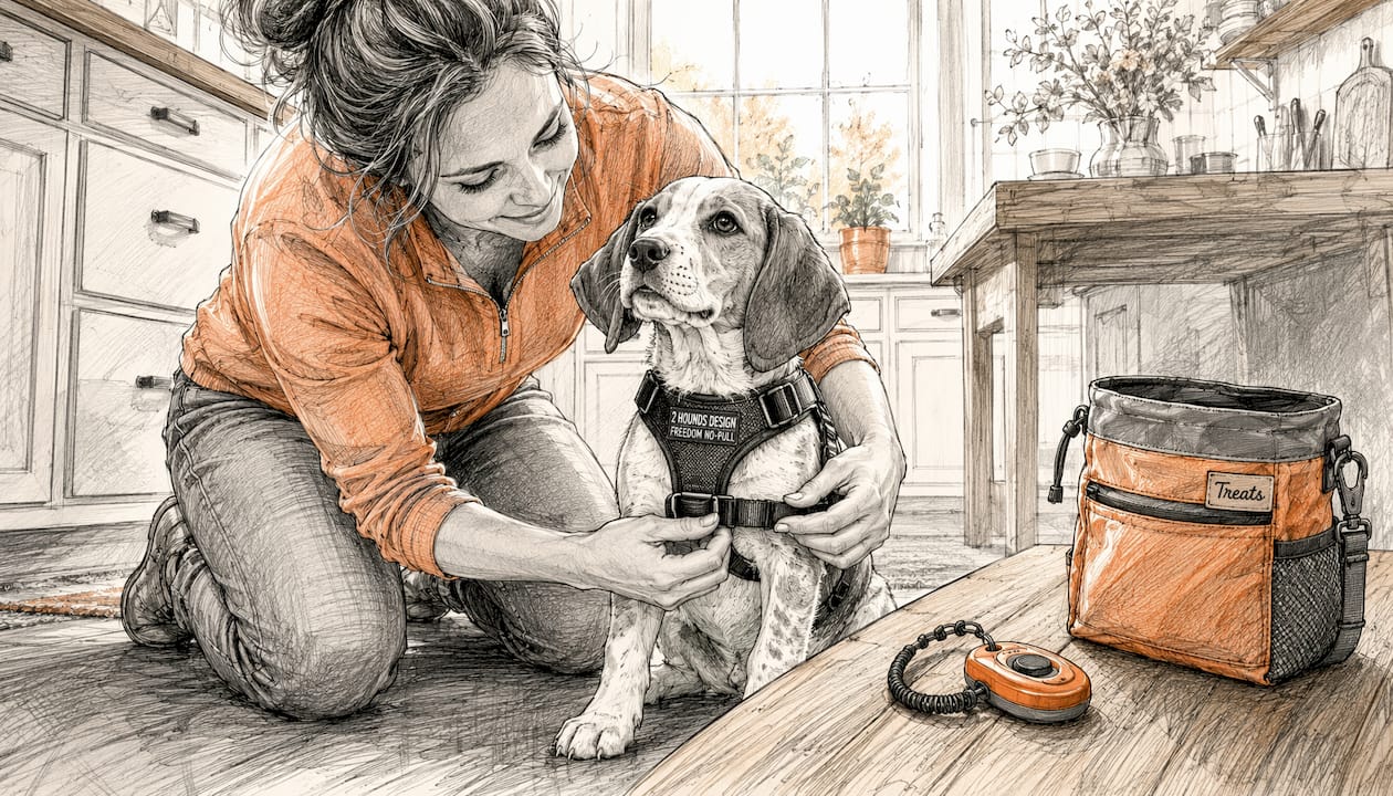 Trainer fitting no-pull harness on puppy