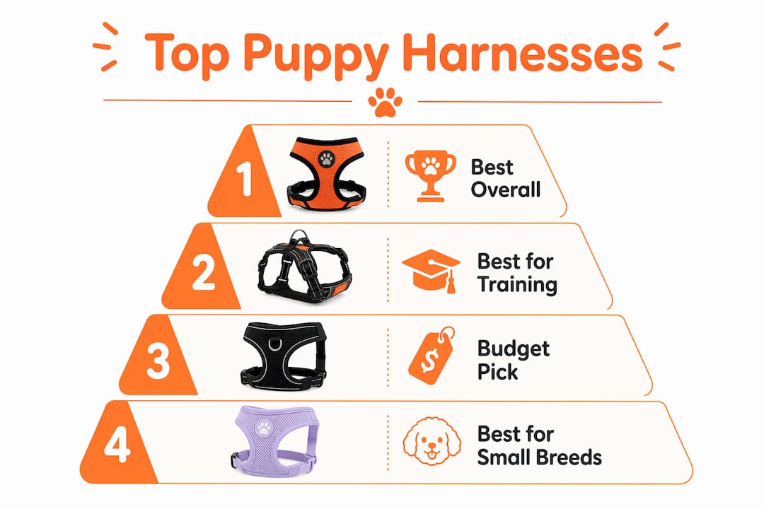 Infographic showing ranked puppy harness picks