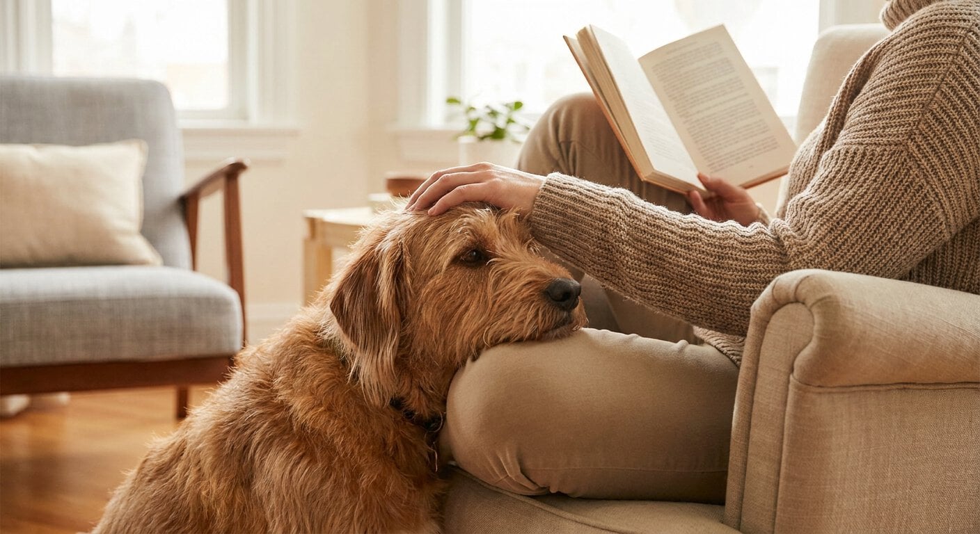 A relaxed dog sharing a calm moment with their guardian