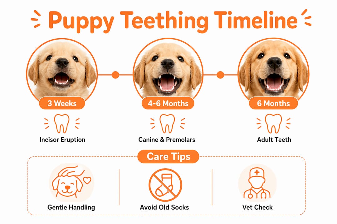 Infographic depicting key puppy teething milestones and care tips