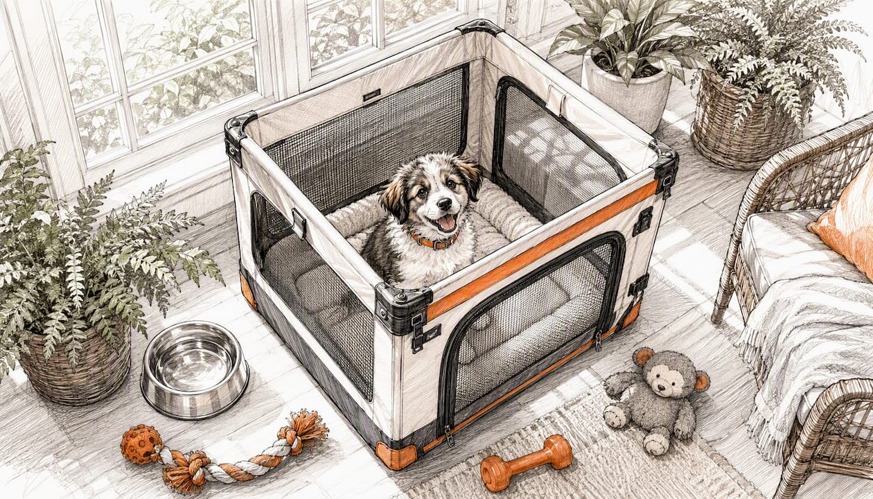 Soft-sided puppy crate with puppy inside