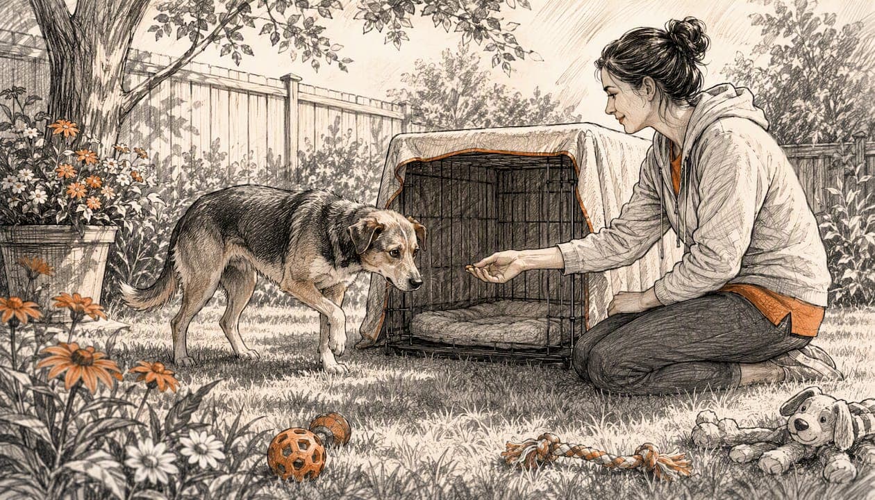 Dog approaching partially covered crate with owner nearby