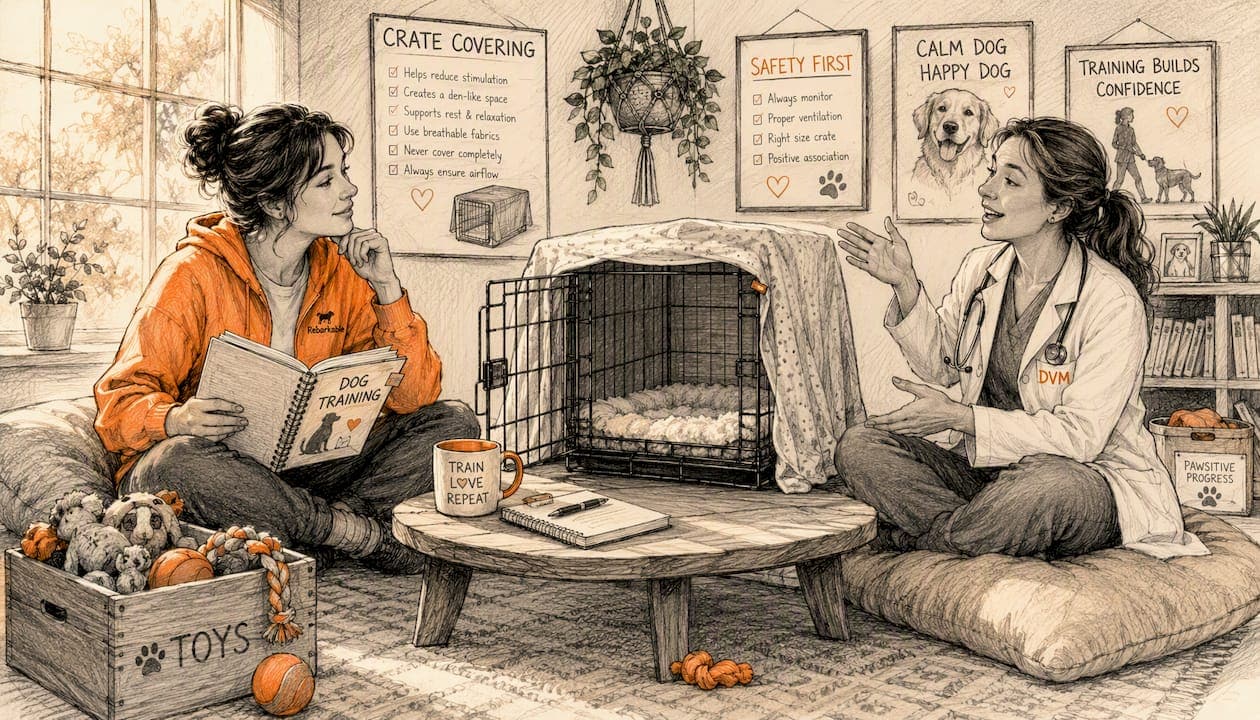Trainer and vet discussing safe crate covering
