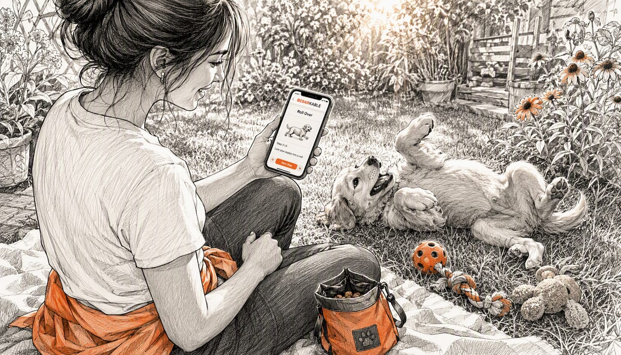 Woman using puppy training app with dog