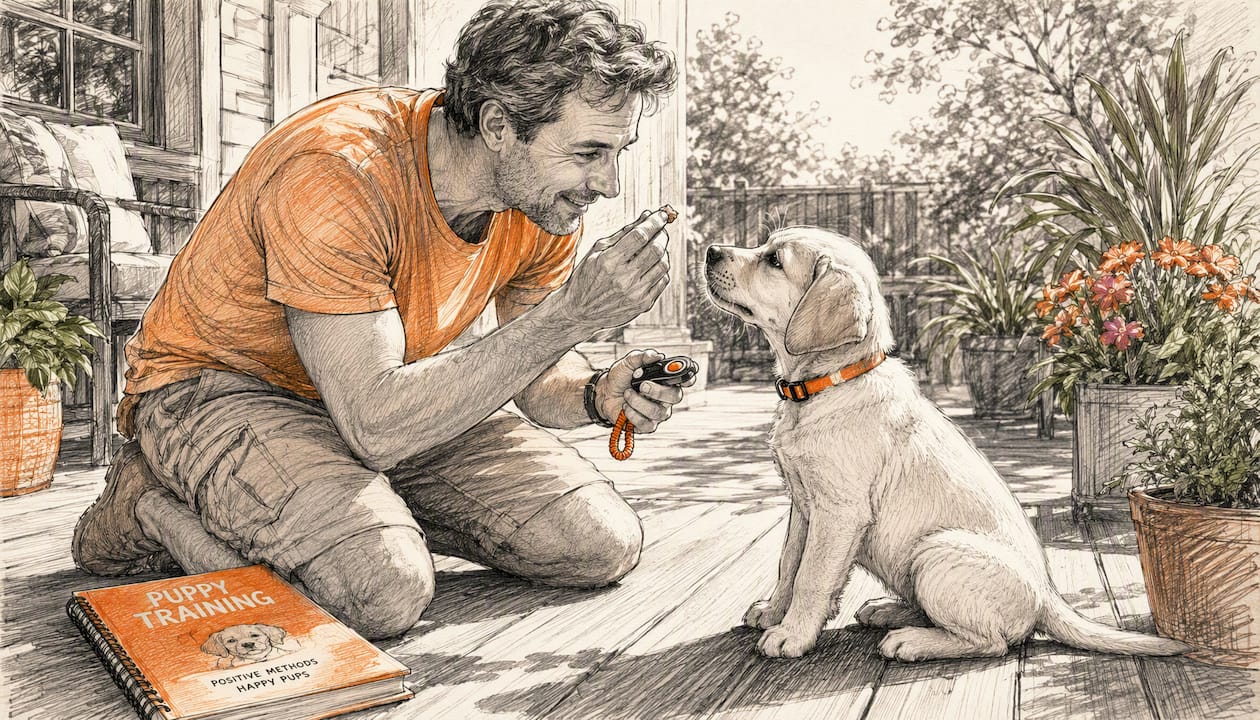 Man practicing positive reinforcement with puppy
