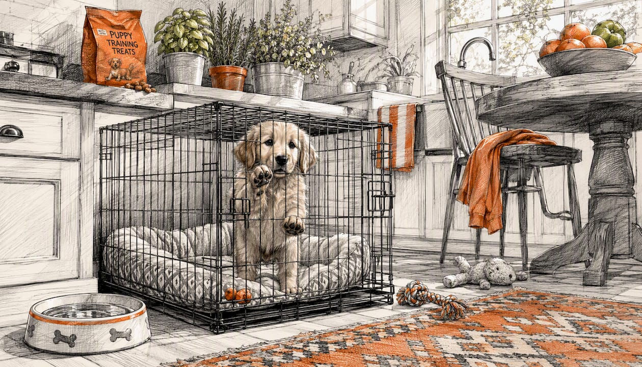 Puppy in crate needing potty break