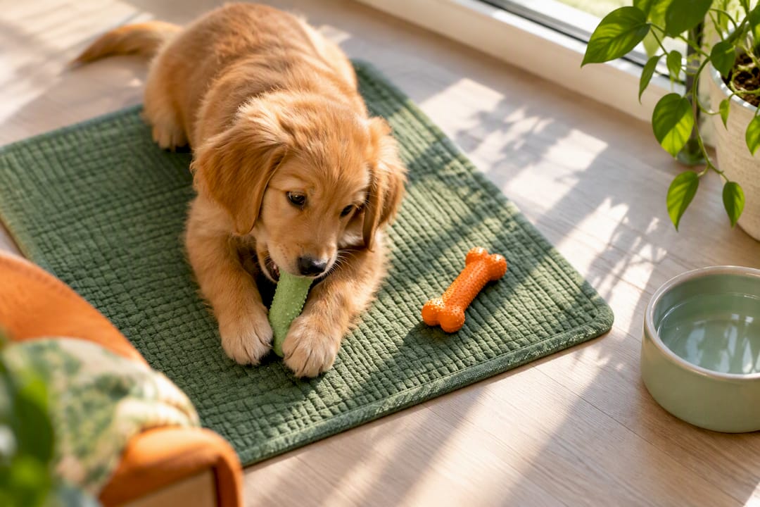 Puppy calmly chewing a safe chew