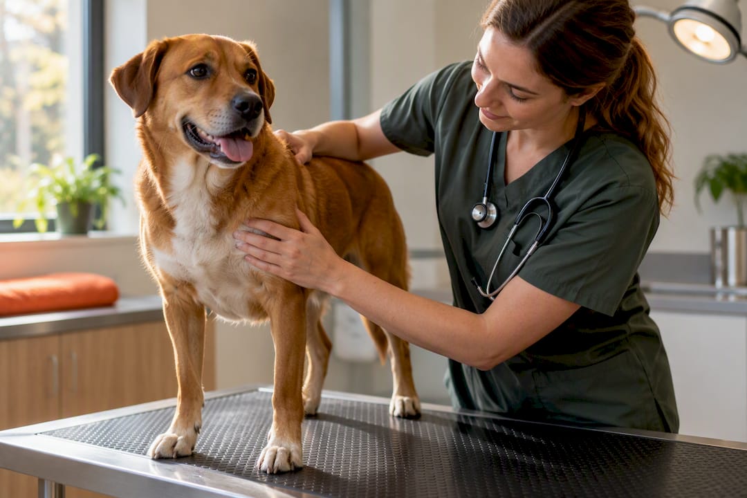 Veterinarian examining calm dog