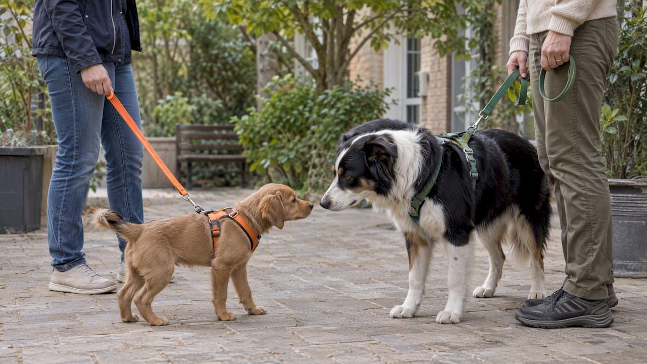 Puppy calmly meeting another dog outdoors