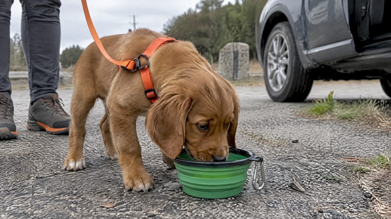 Puppy drinking water during a road stop
